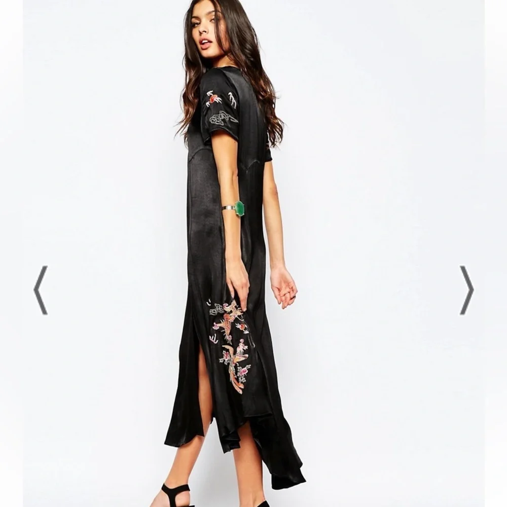 Somedays Lovin Black Satin Button Front Midi Dress Dragon Bird Embroidered Asian - Picture 3 of 9
